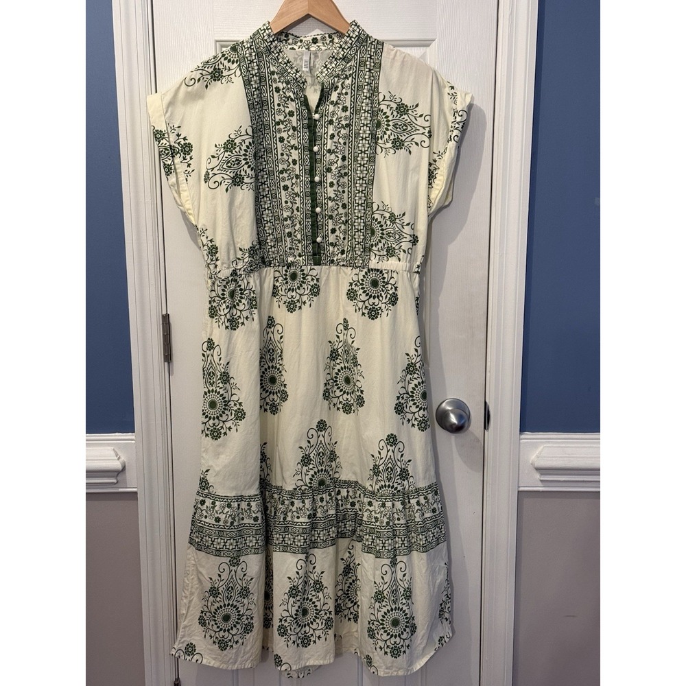 Kaktus Ivory Green Boho Cottagecore Midi Dress Size Large 100% Cotton Modest